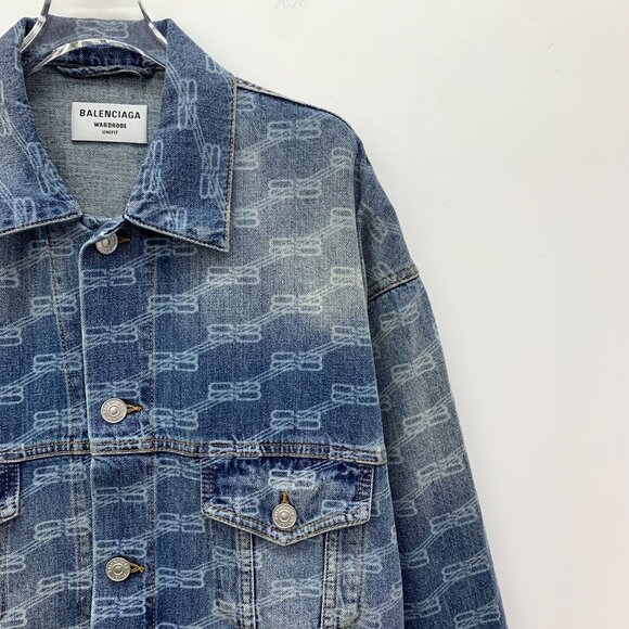 Balenciaga S Blue Logo Printed Washed Denim Jacket Unifit Cotton Single-Breasted - Picture 6 of 7